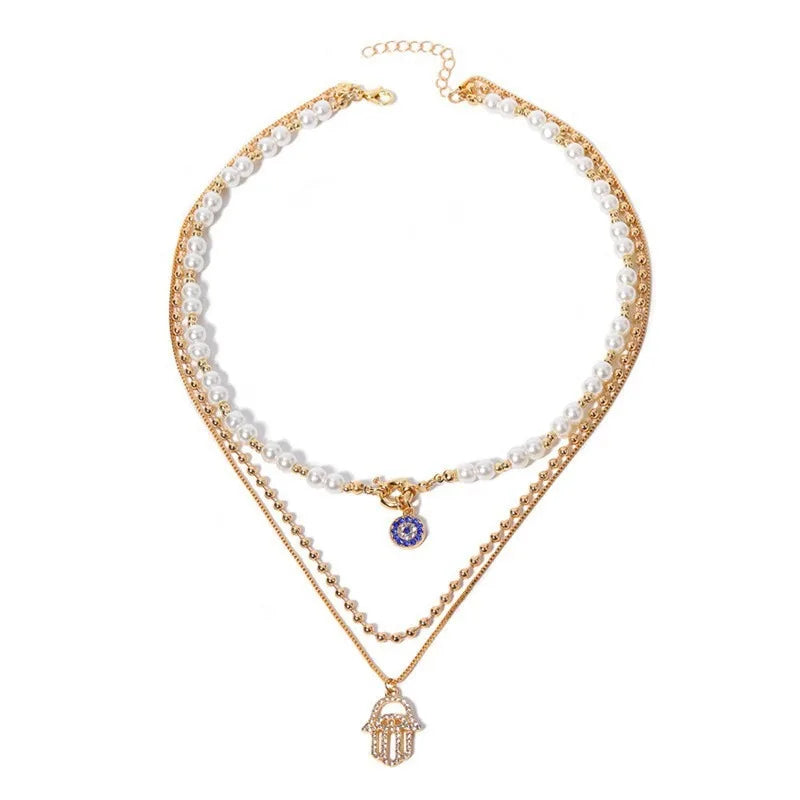 3 PCS Layered Hamsa & Pearl Necklace Set