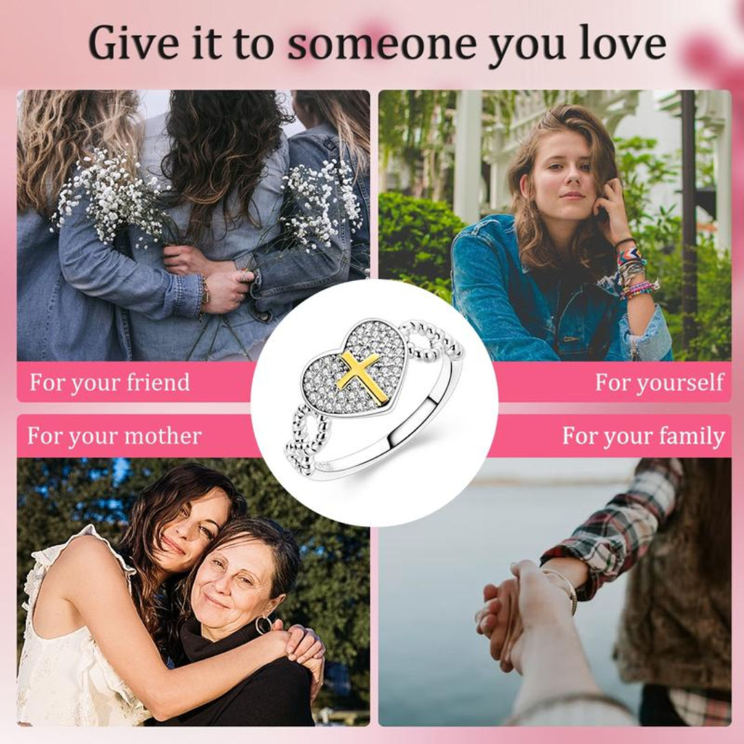 Silver Heart Cross Ring