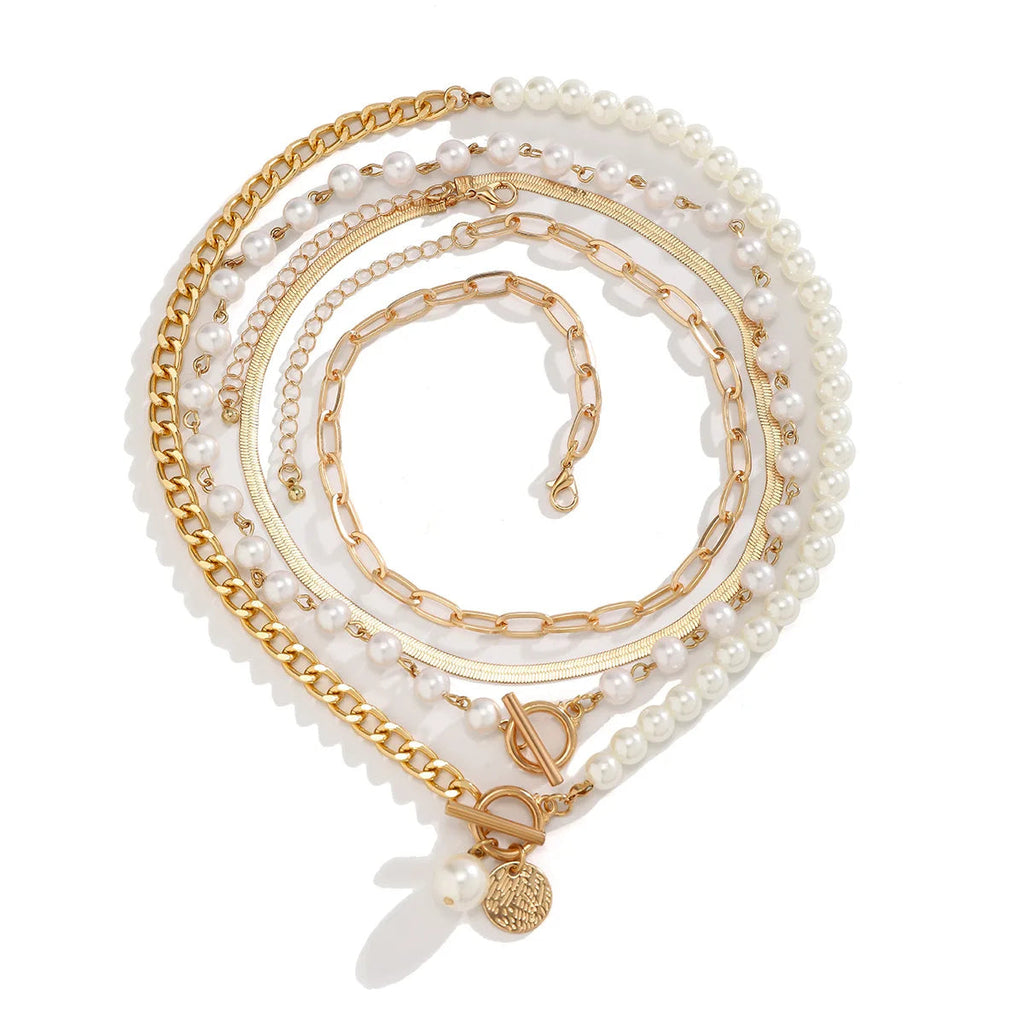 5 PCS Pearl & Chain Layered Necklace Set