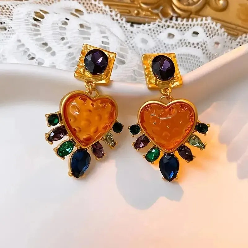 Crystal Heart Stone Drop Earrings