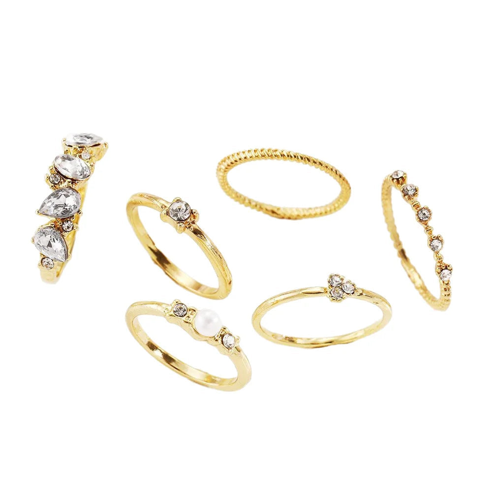 6 PCS Boho Crystal & Pearl Ring Set