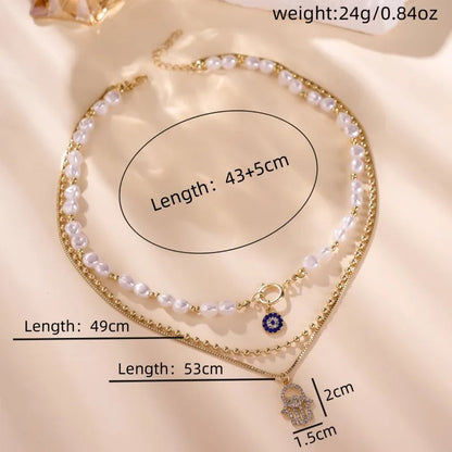 3 PCS Layered Hamsa & Pearl Necklace Set