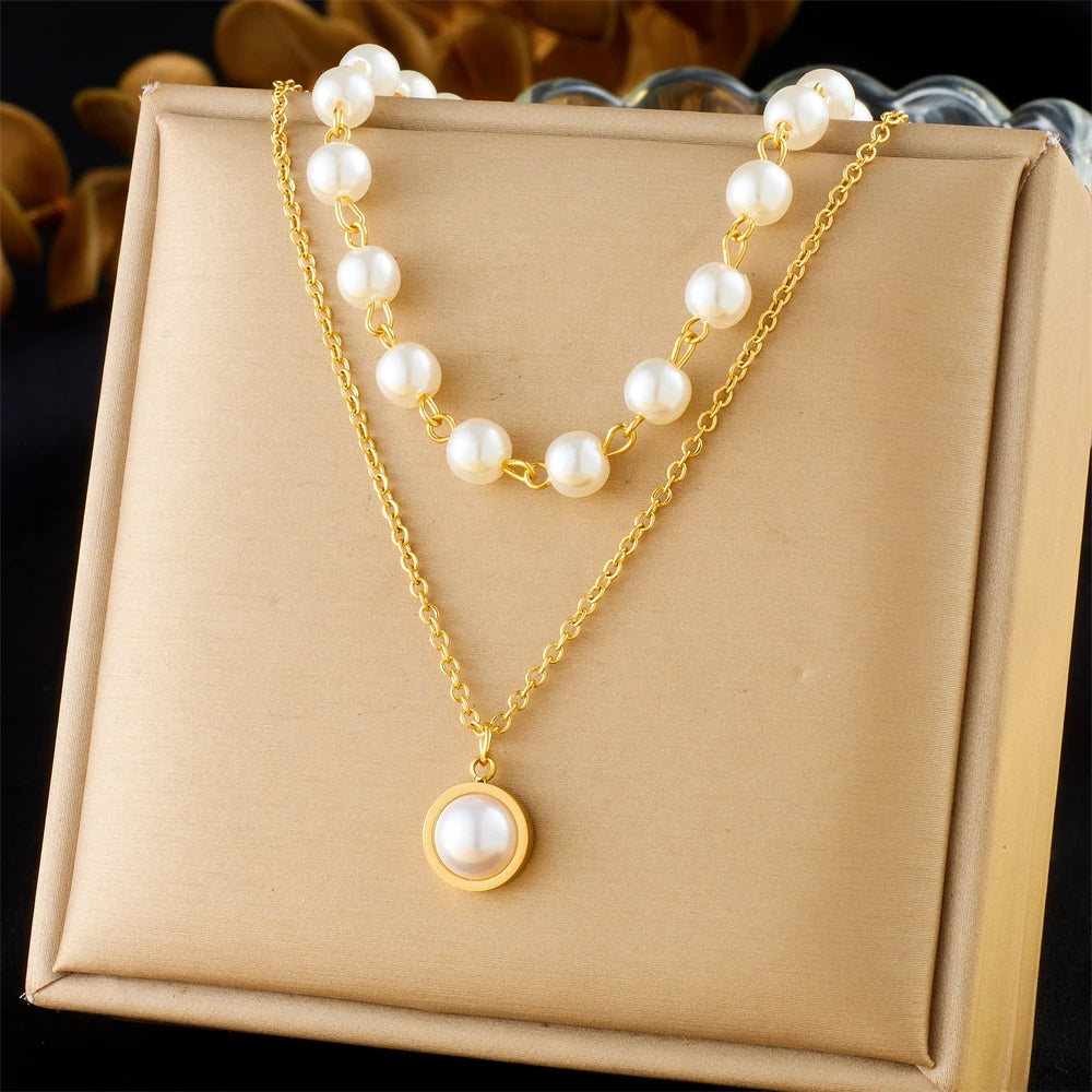 2 PCS Pearl Bead & Pendant Necklace Set