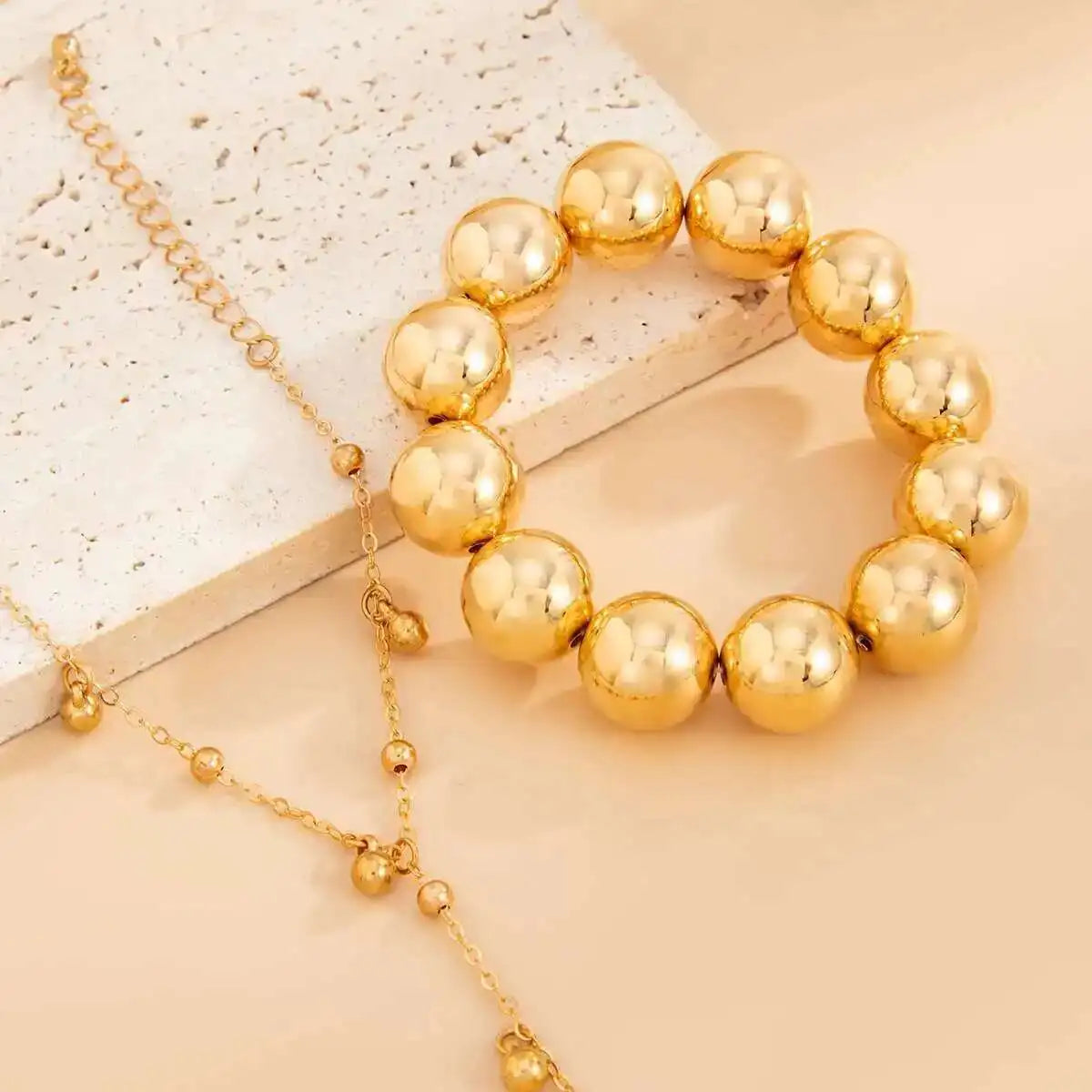 2 PCS Gold Beaded Ring Chain Bracelet Set