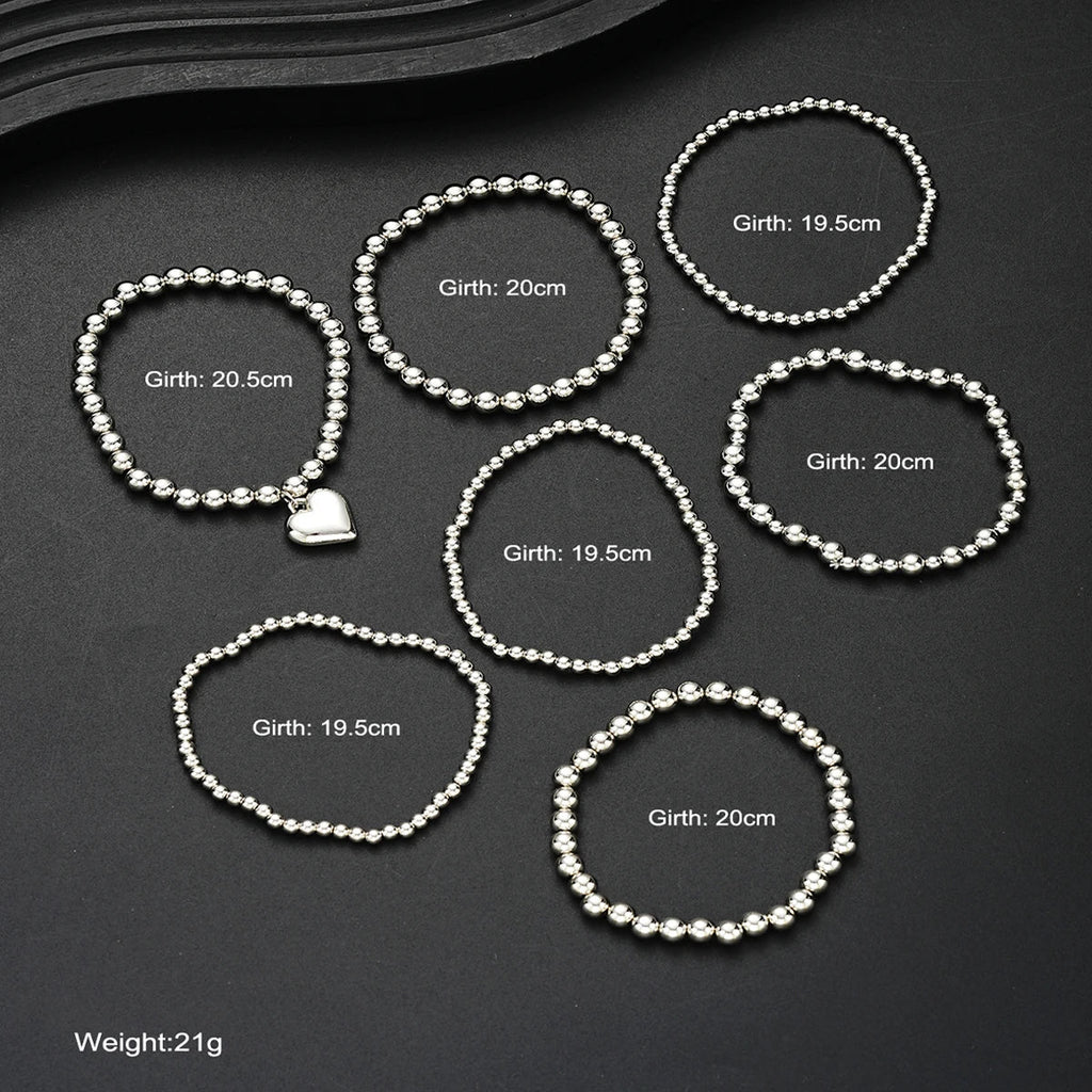 7 PCS Silver Heart Charm Beaded Bracelet Set