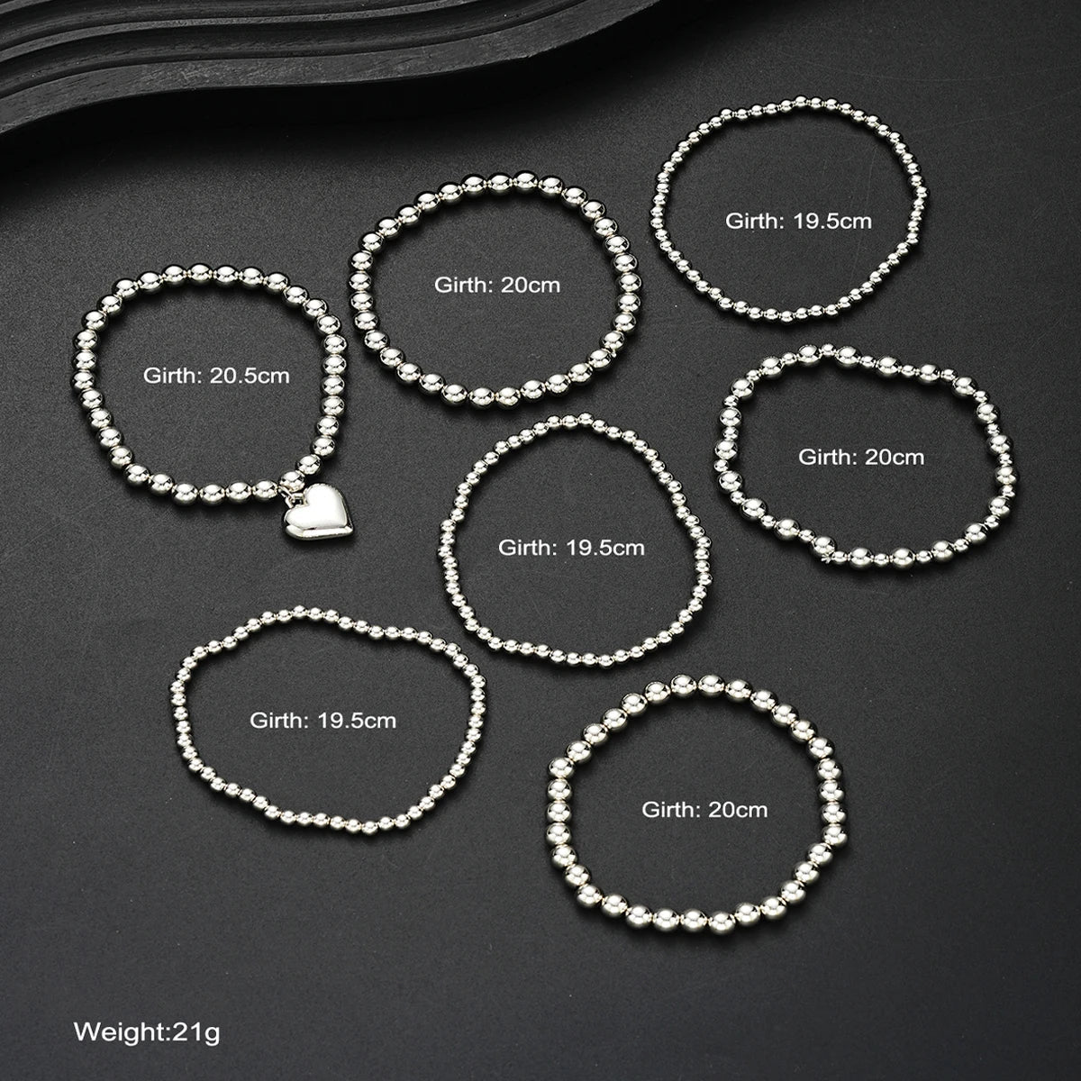 7 PCS Silver Heart Charm Beaded Bracelet Set