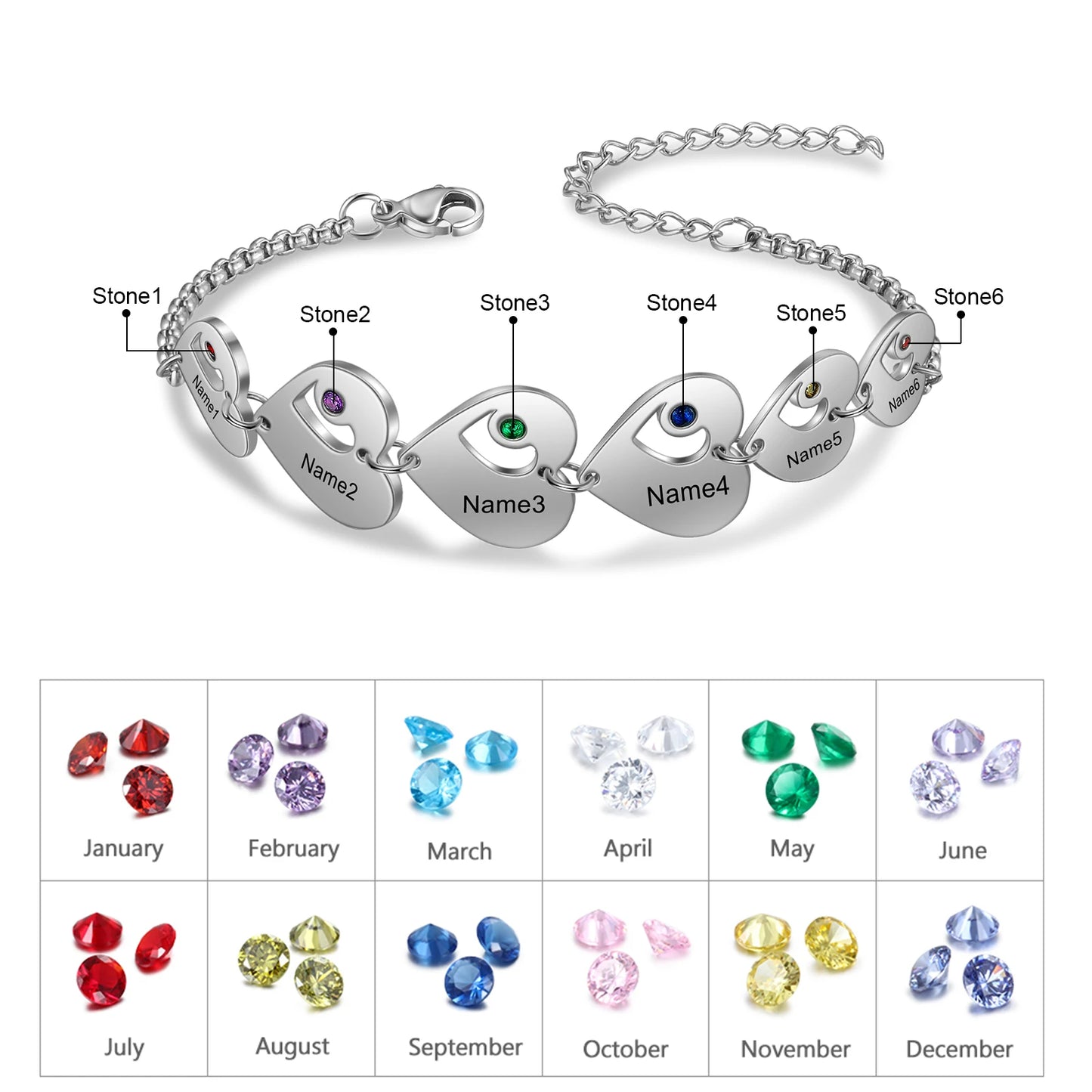 Custom Birthstone Heart Name Bracelet