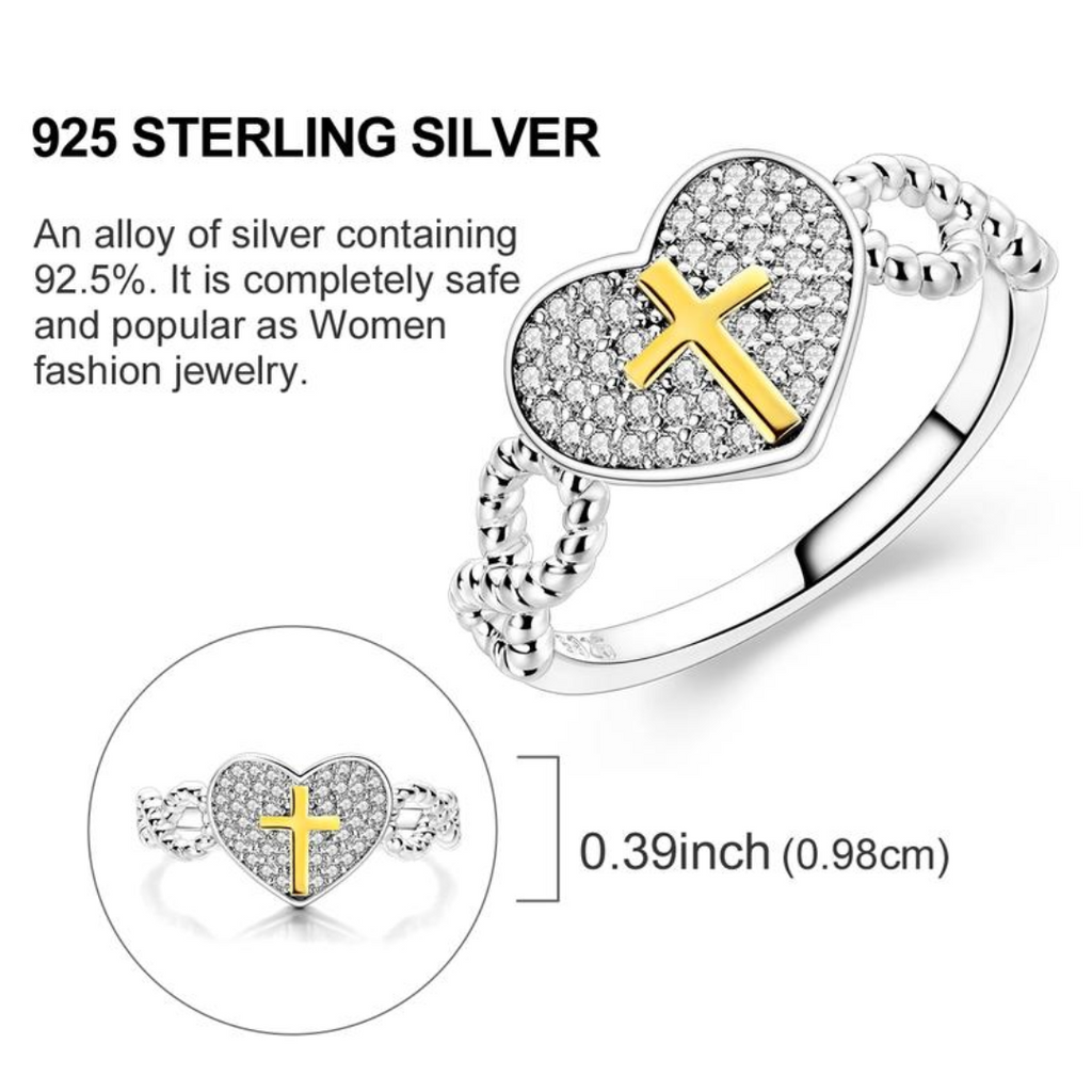 Silver Heart Cross Ring