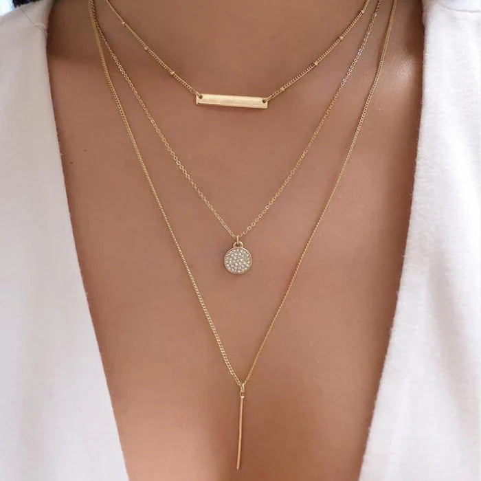 3 PCS Gold Bar & Medallion Necklace Set