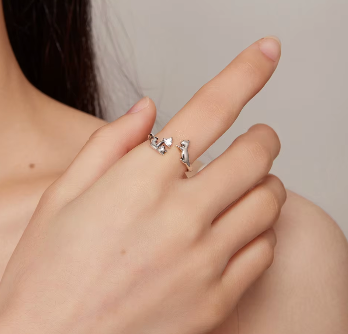 Silver Cat Heart Ring