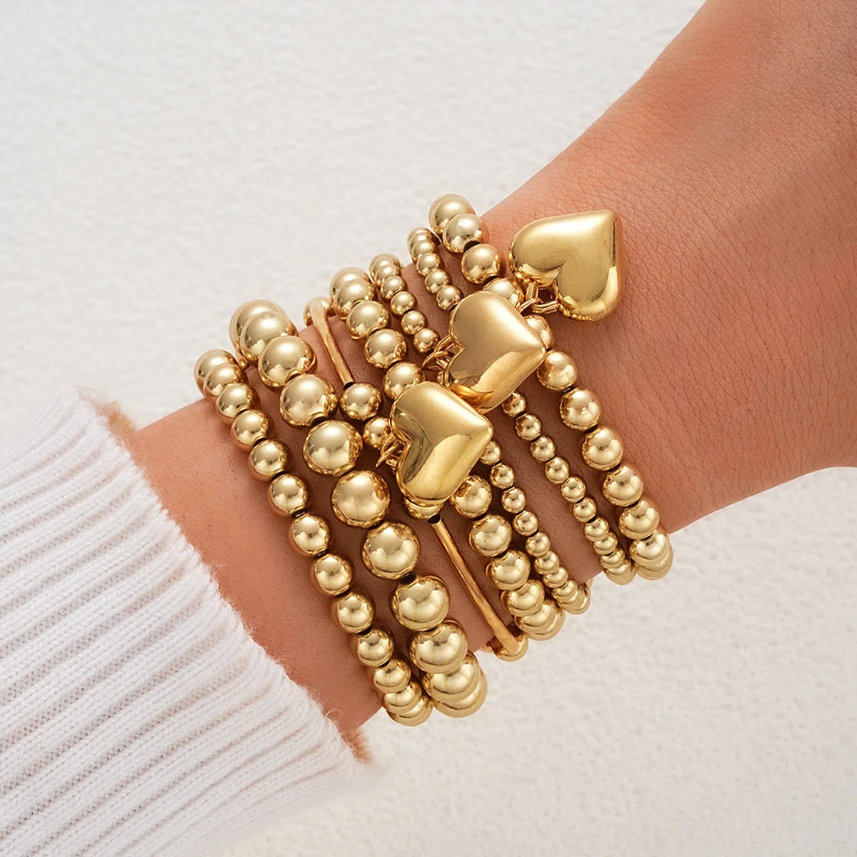 7 PCS Beaded Heart Charm Bracelet Set