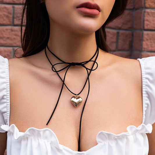 Knotted Bow Puffy Heart Necklace