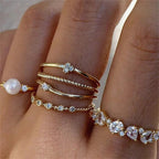 6 PCS Boho Crystal & Pearl Ring Set