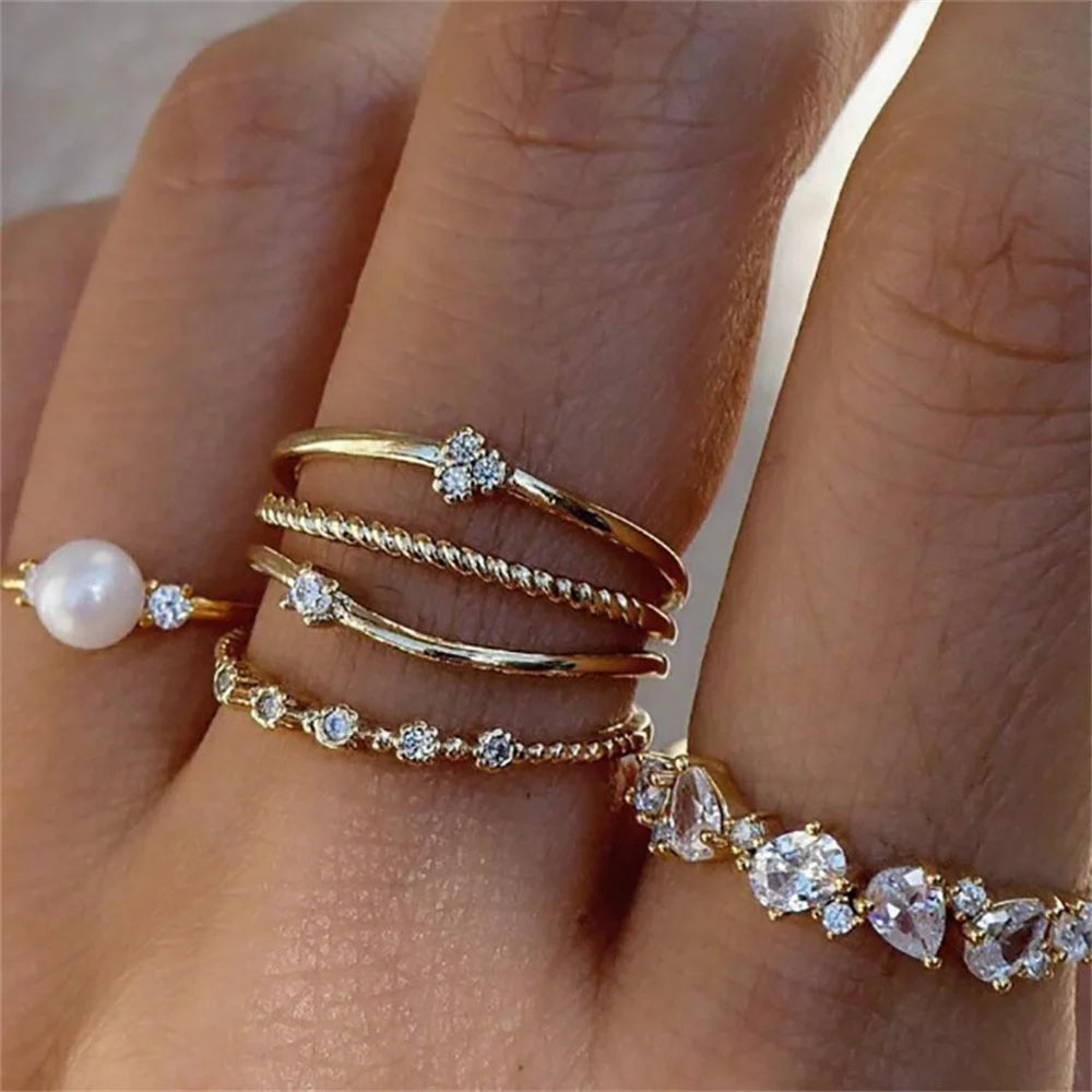 6 PCS Boho Crystal & Pearl Ring Set