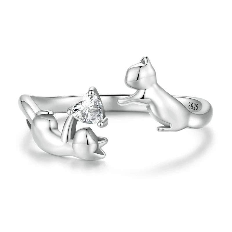 Silver Cat Heart Ring