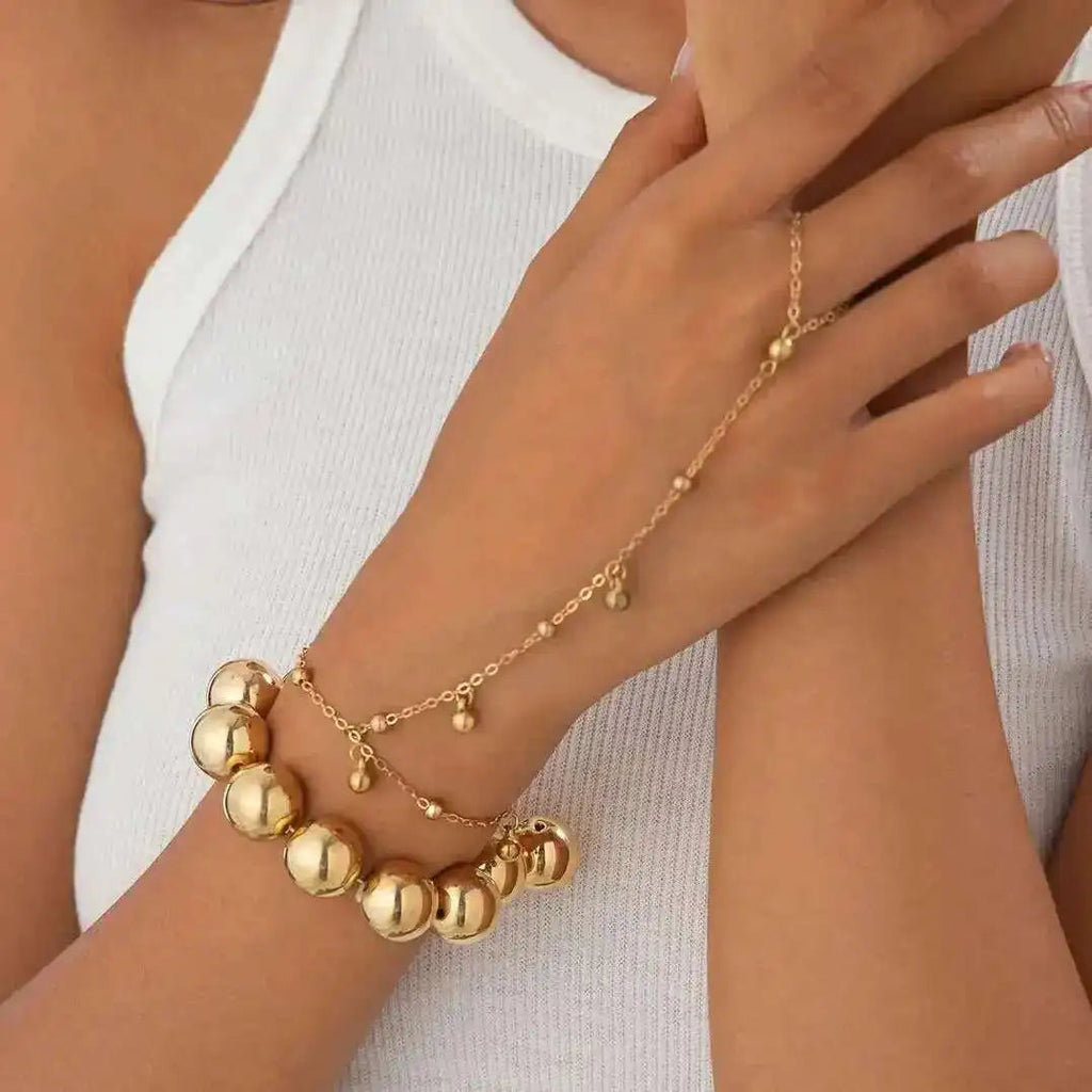 2 PCS Gold Beaded Ring Chain Bracelet Set