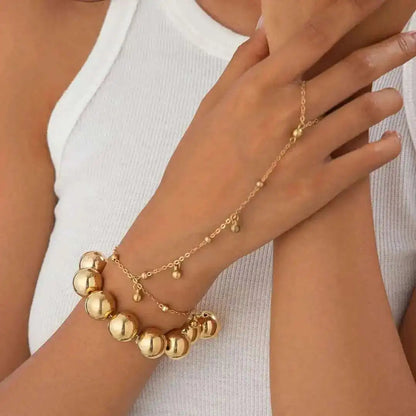 2 PCS Gold Beaded Ring Chain Bracelet Set