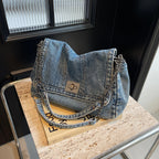 ChainCarry™ – Denim Shoulder Bag with Turn-Lock Flap