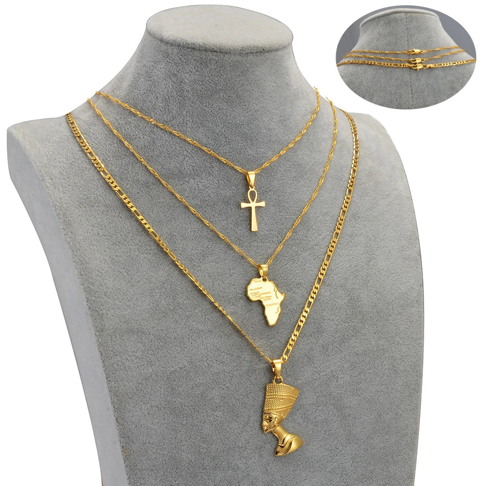 3 PCS Africa & Ankh Necklace Set