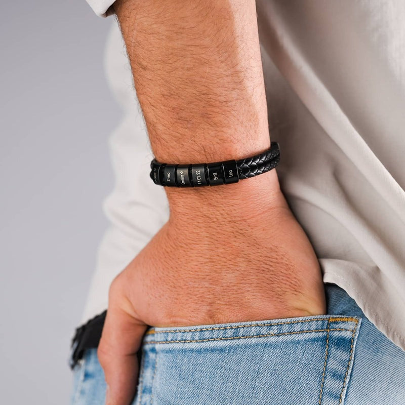 Engraved Beaded Leather Bracelet