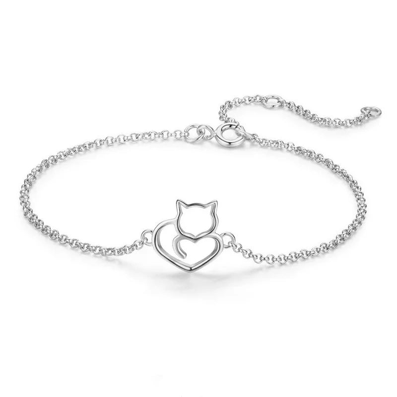 Silver Heart Cat Bracelet