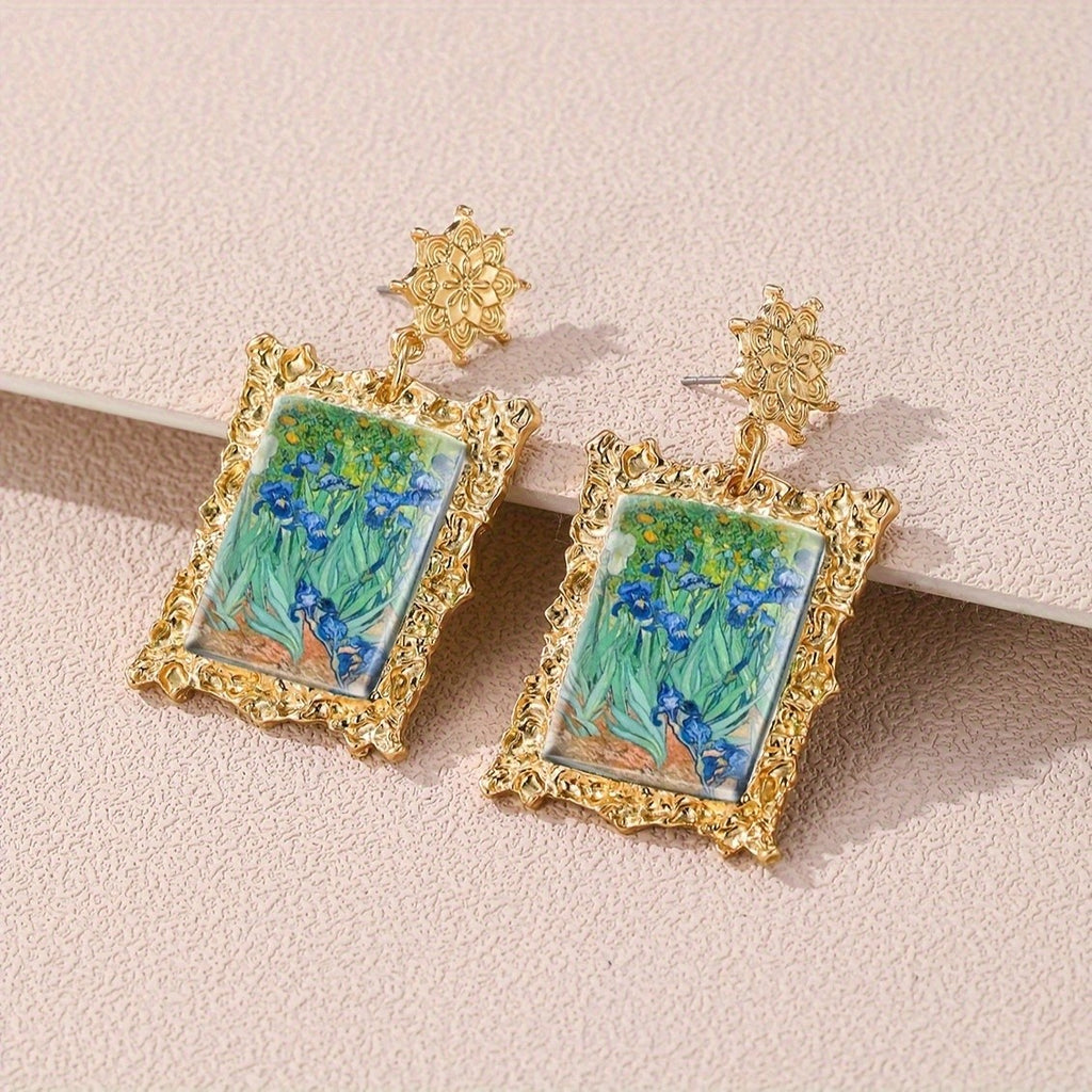 Vintage Rectangle Floral Drop Earrings