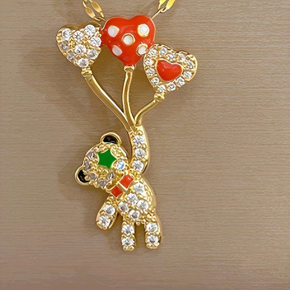 Gold Bear Balloon Rhinestone Necklace