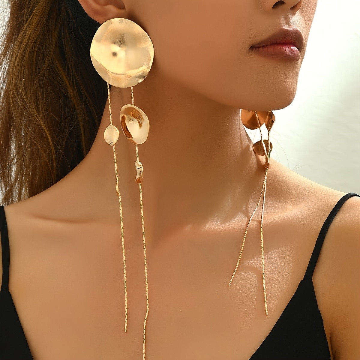 Asymmetric Gold Disc Drop Earrings