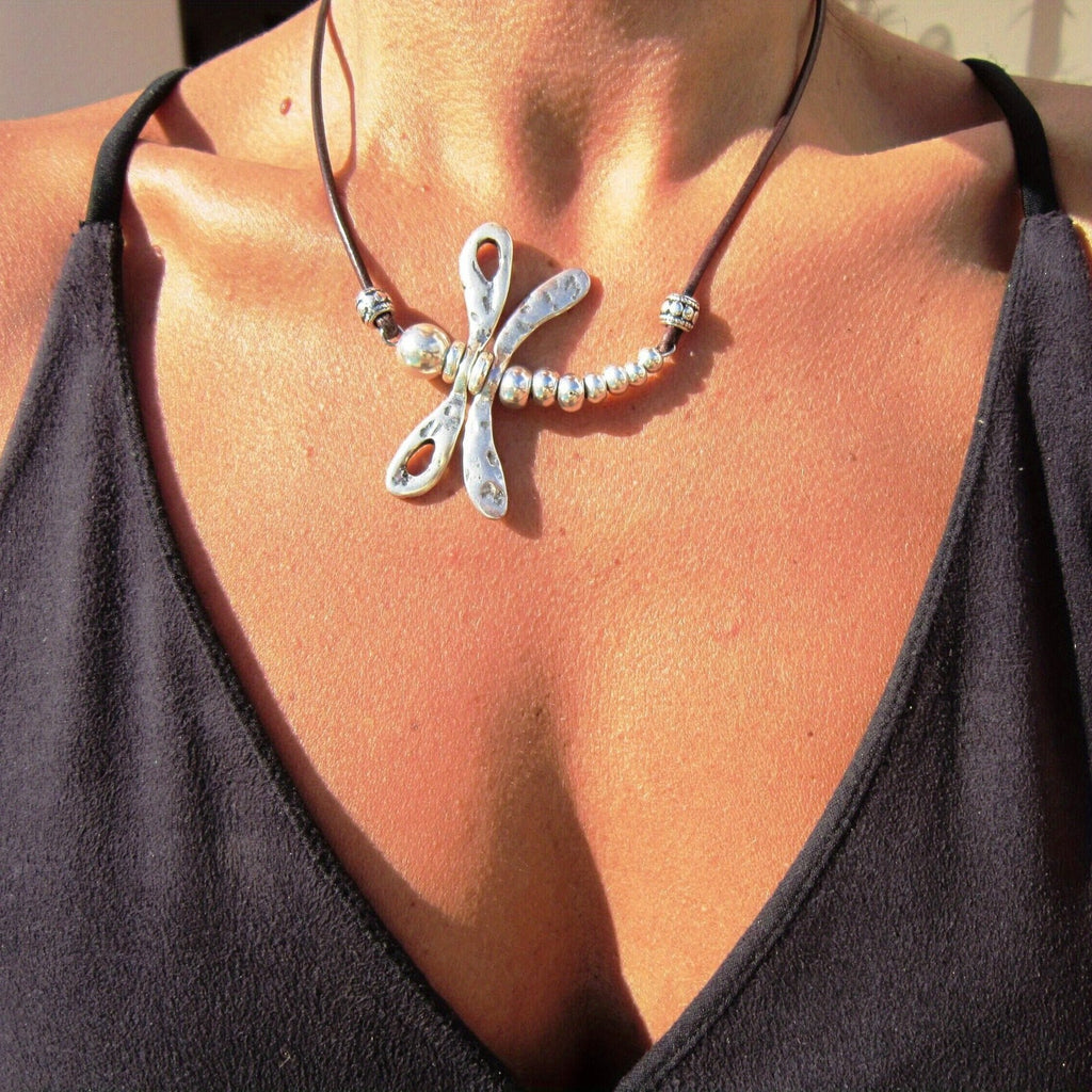 Boho Dragonfly Pendant Leather Necklace