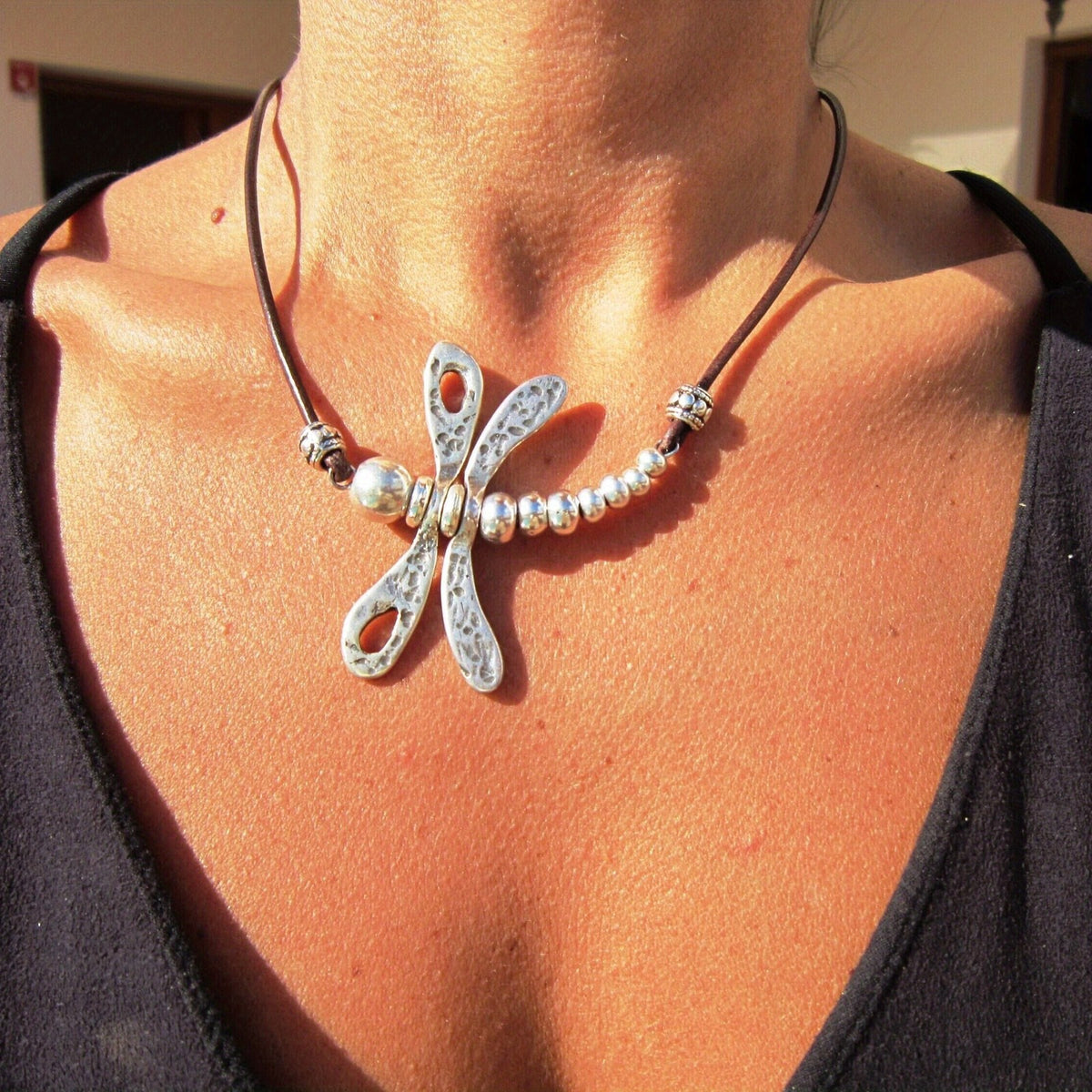 Boho Dragonfly Pendant Leather Necklace