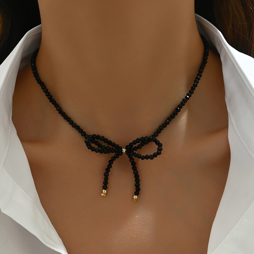 Black Beaded Bow Choker Necklace