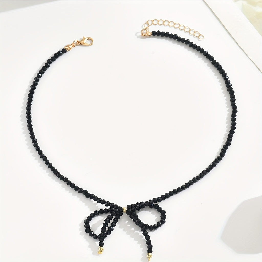 Black Beaded Bow Choker Necklace