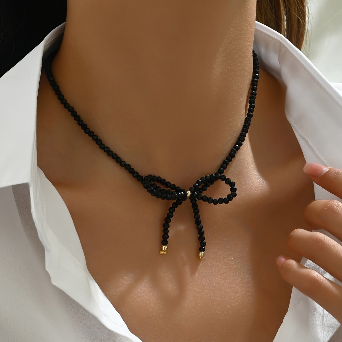 Black Beaded Bow Choker Necklace