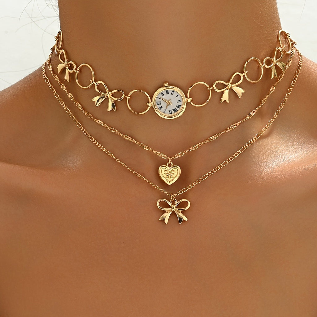 Vintage Bow and Clock Layered Necklace