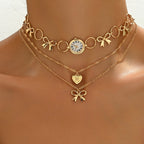 Vintage Bow and Clock Layered Necklace
