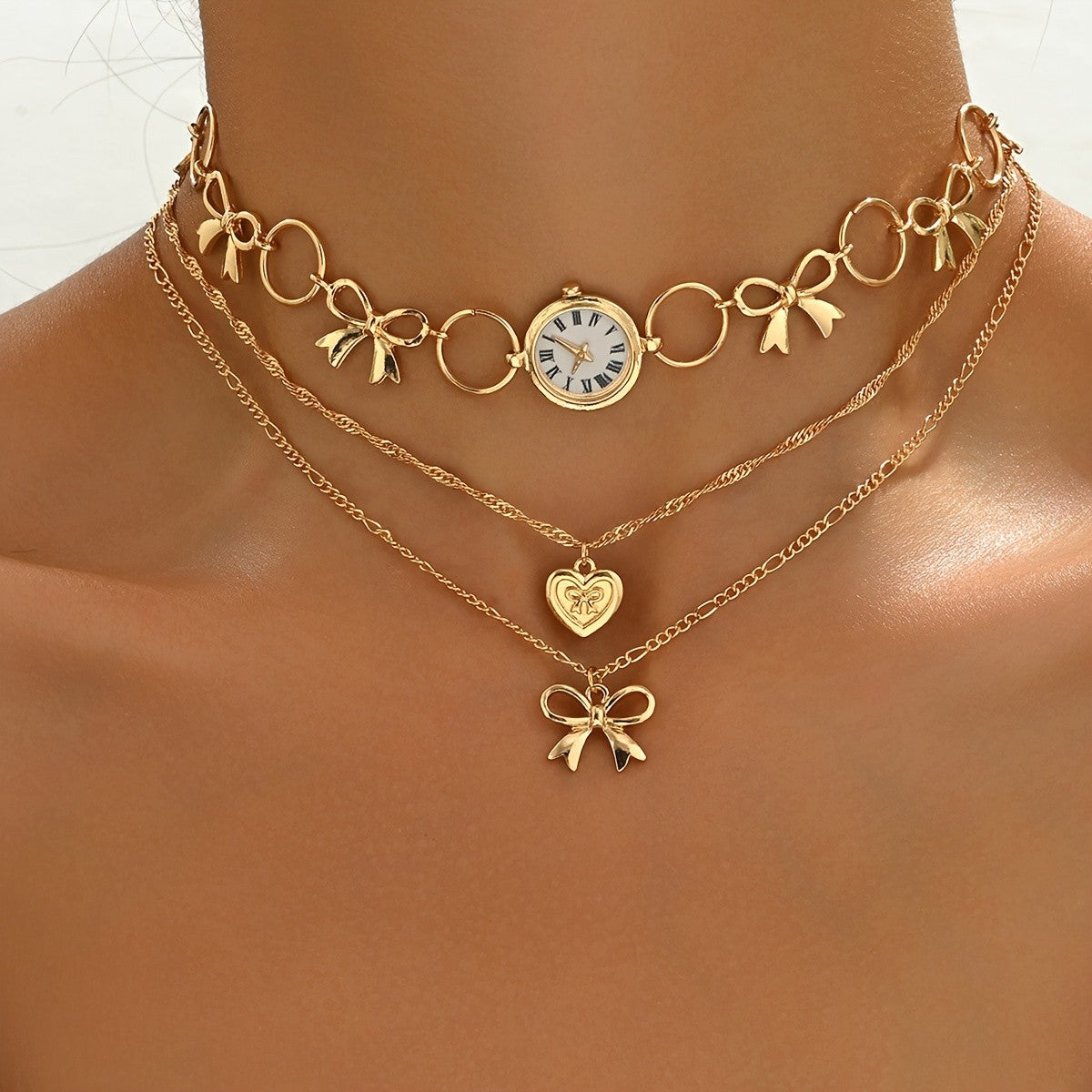 Vintage Bow and Clock Layered Necklace
