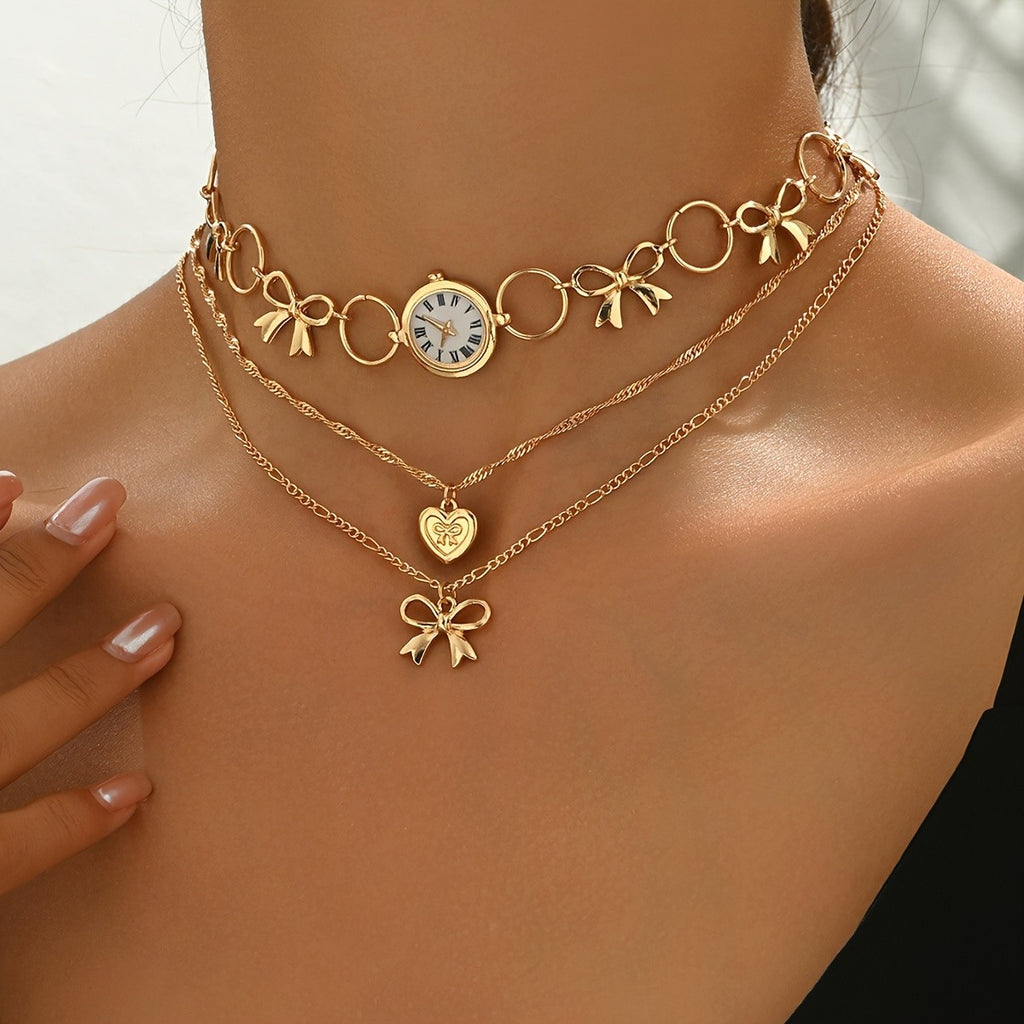 Vintage Bow and Clock Layered Necklace