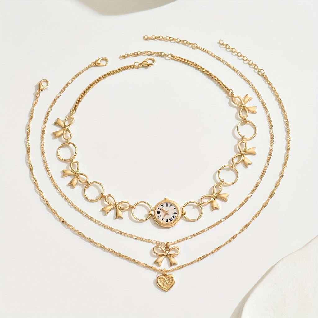 Vintage Bow and Clock Layered Necklace