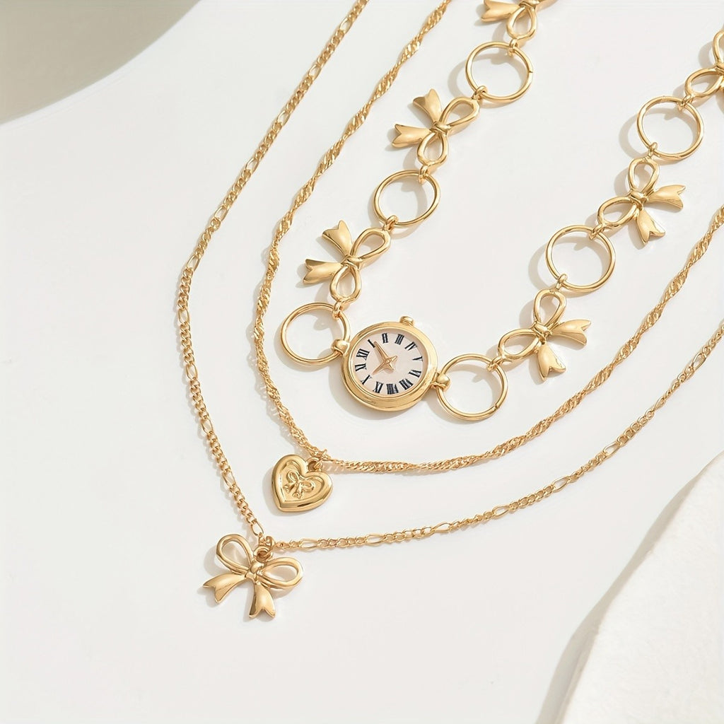 Vintage Bow and Clock Layered Necklace
