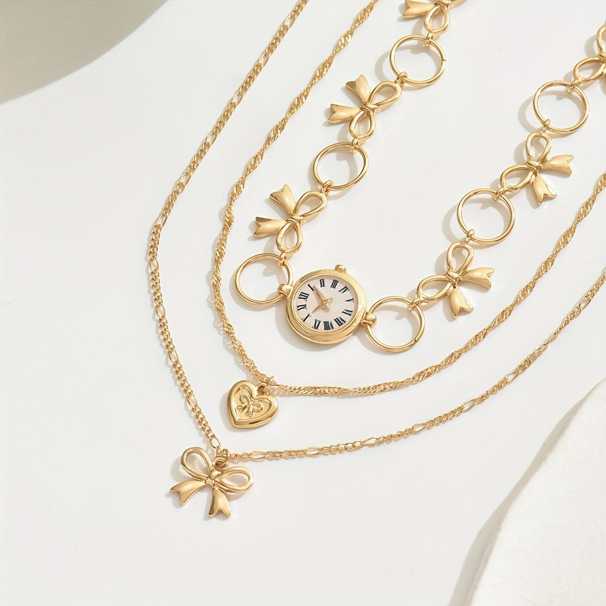Vintage Bow and Clock Layered Necklace