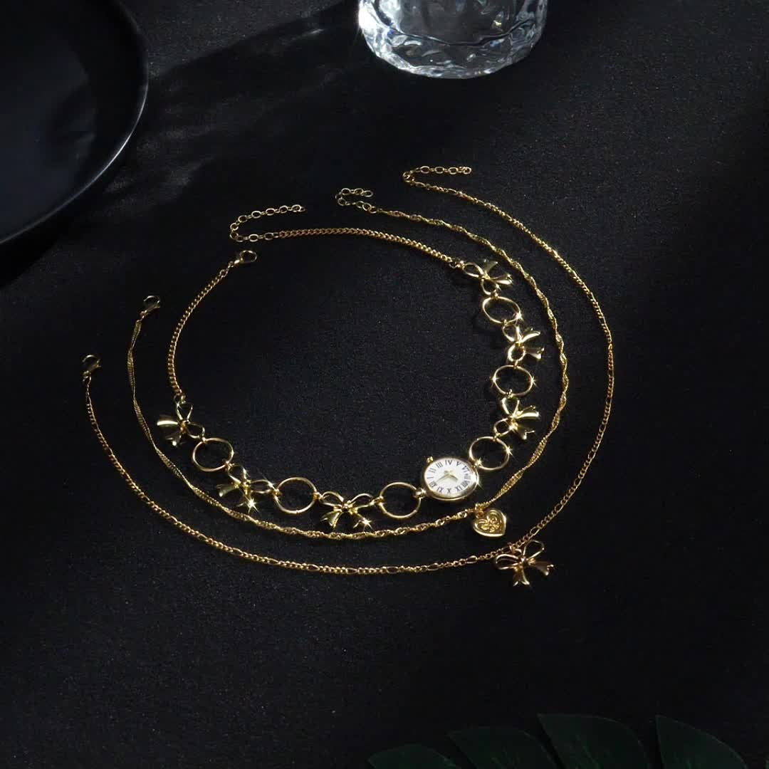 Vintage Bow and Clock Layered Necklace