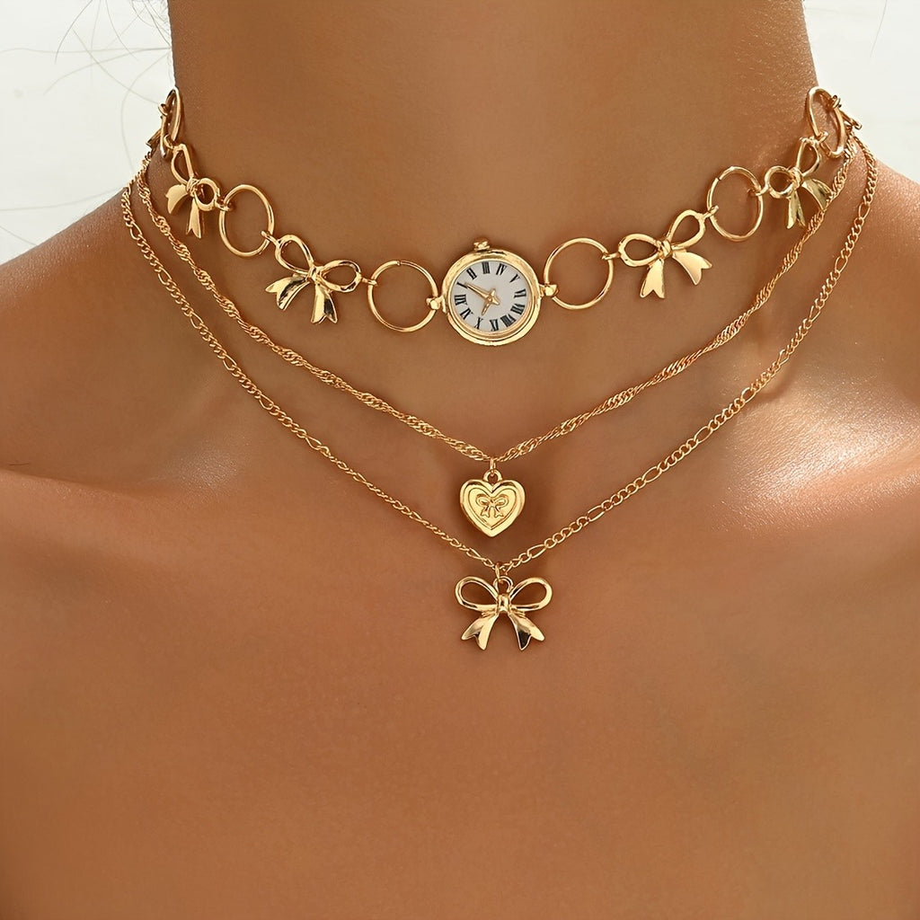 Vintage Bow and Clock Layered Necklace