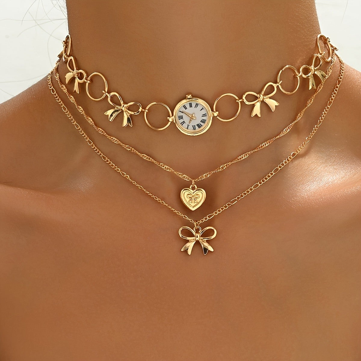 Vintage Bow and Clock Layered Necklace