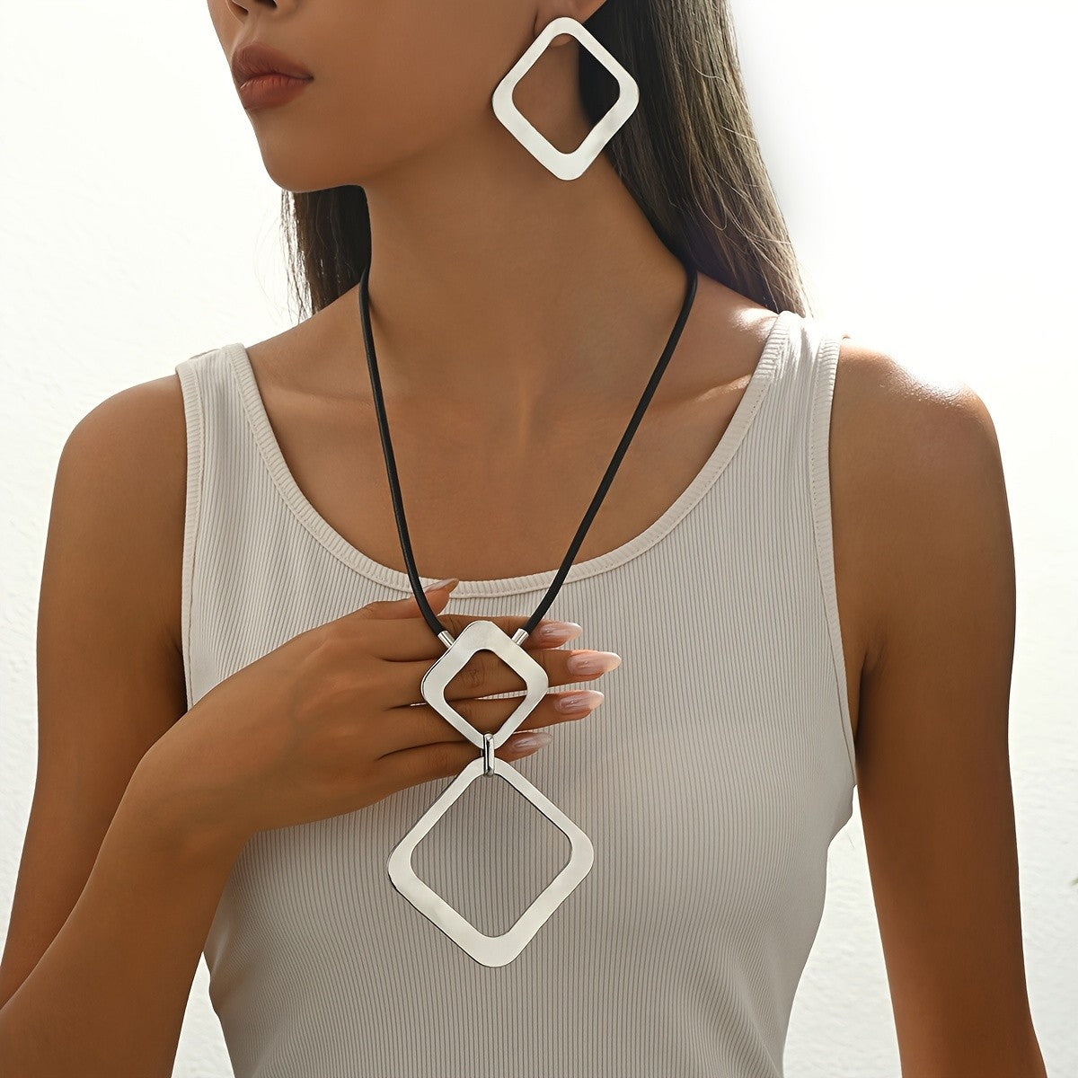 Geometric Hollow Square Necklace and Earring Set