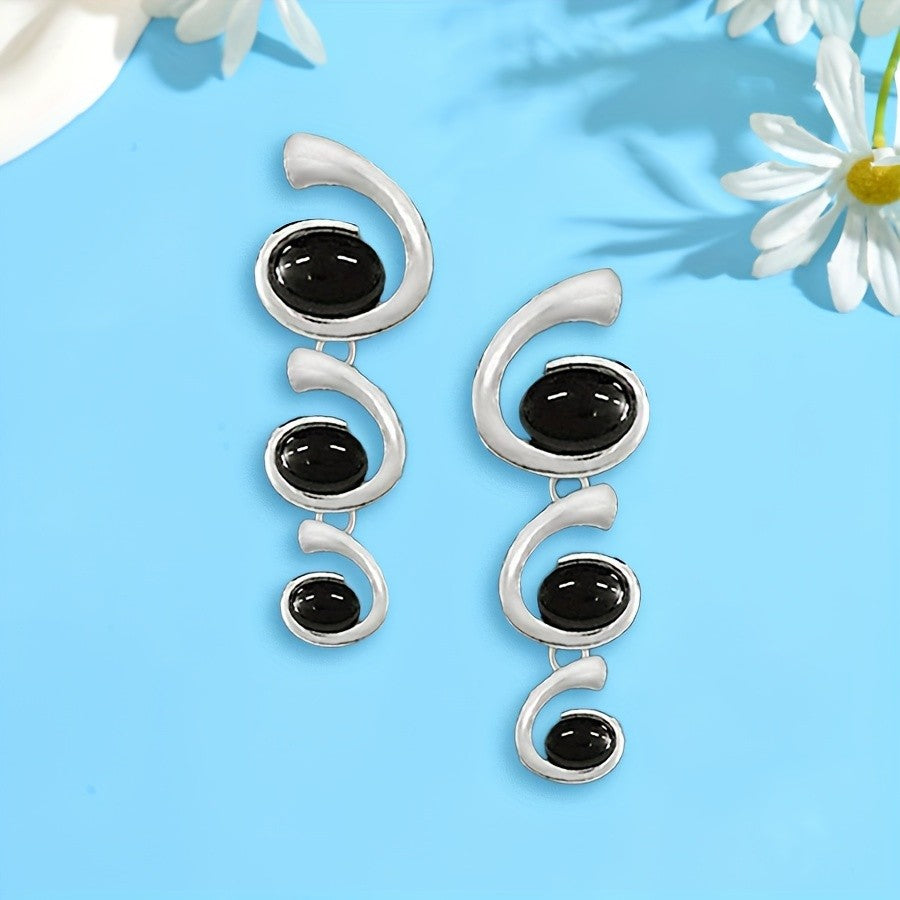 Vintage Spiral Black Stone Drop Earrings