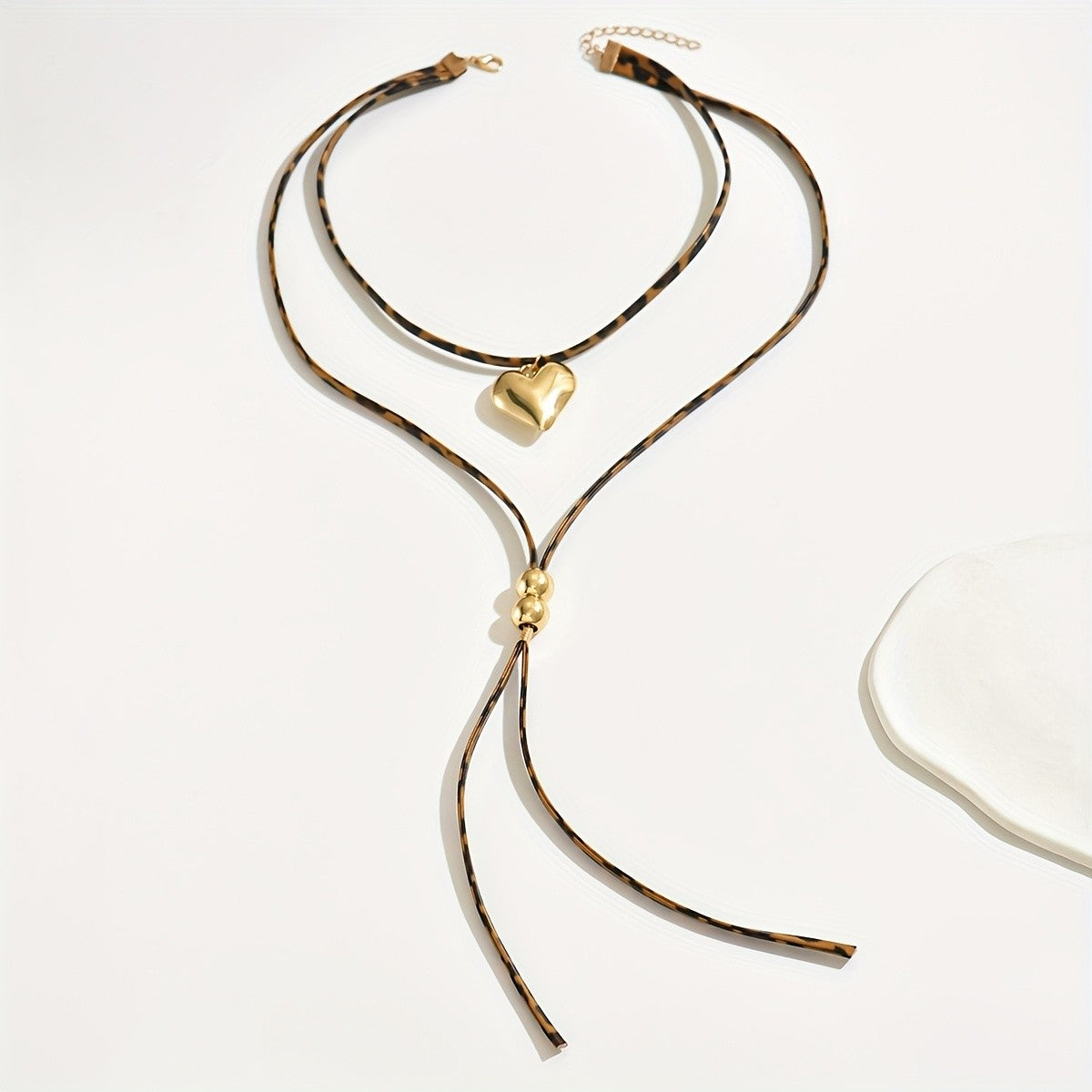 Vintage Leopard Print Heart Y-Necklace