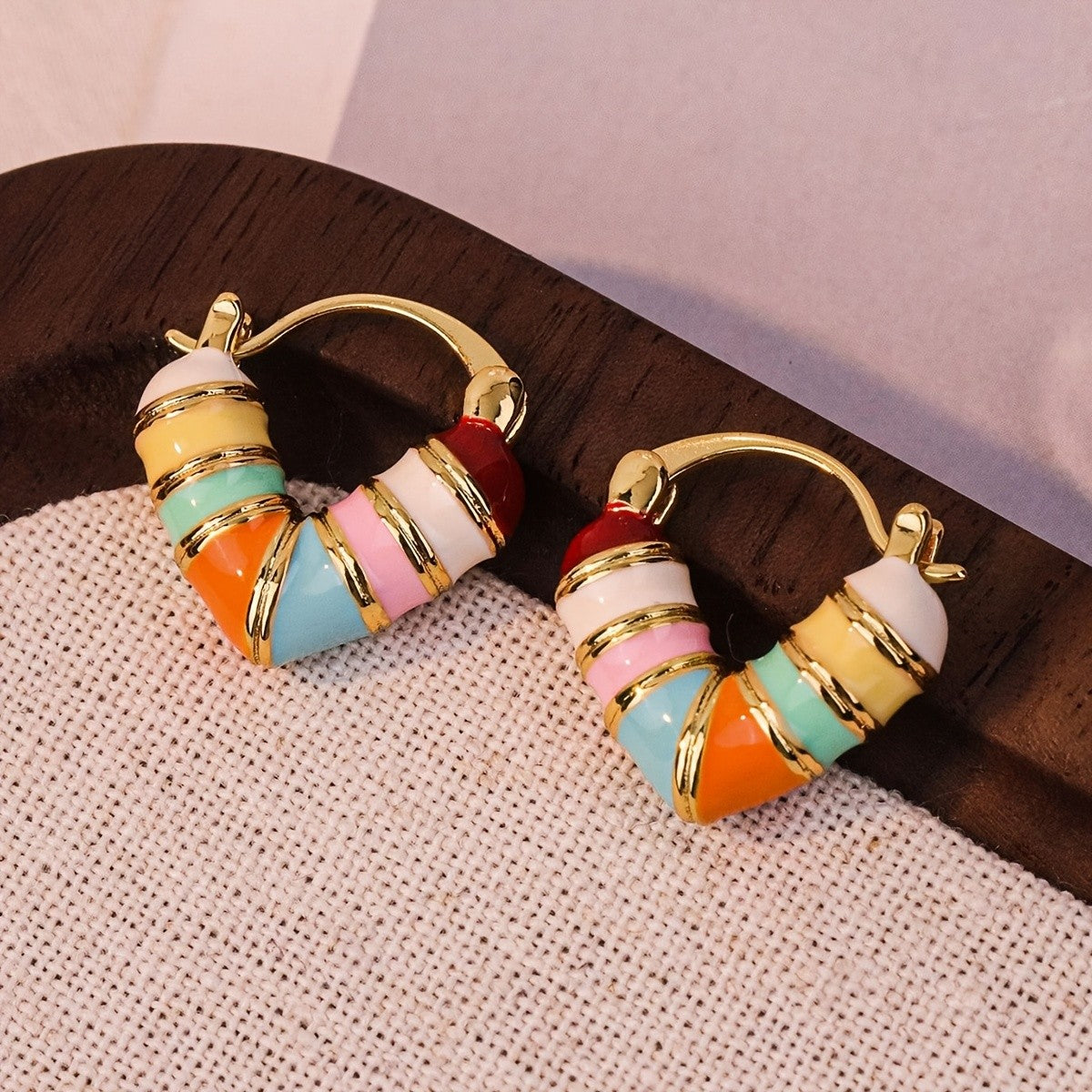 18k Colorful Enamel Heart Earrings