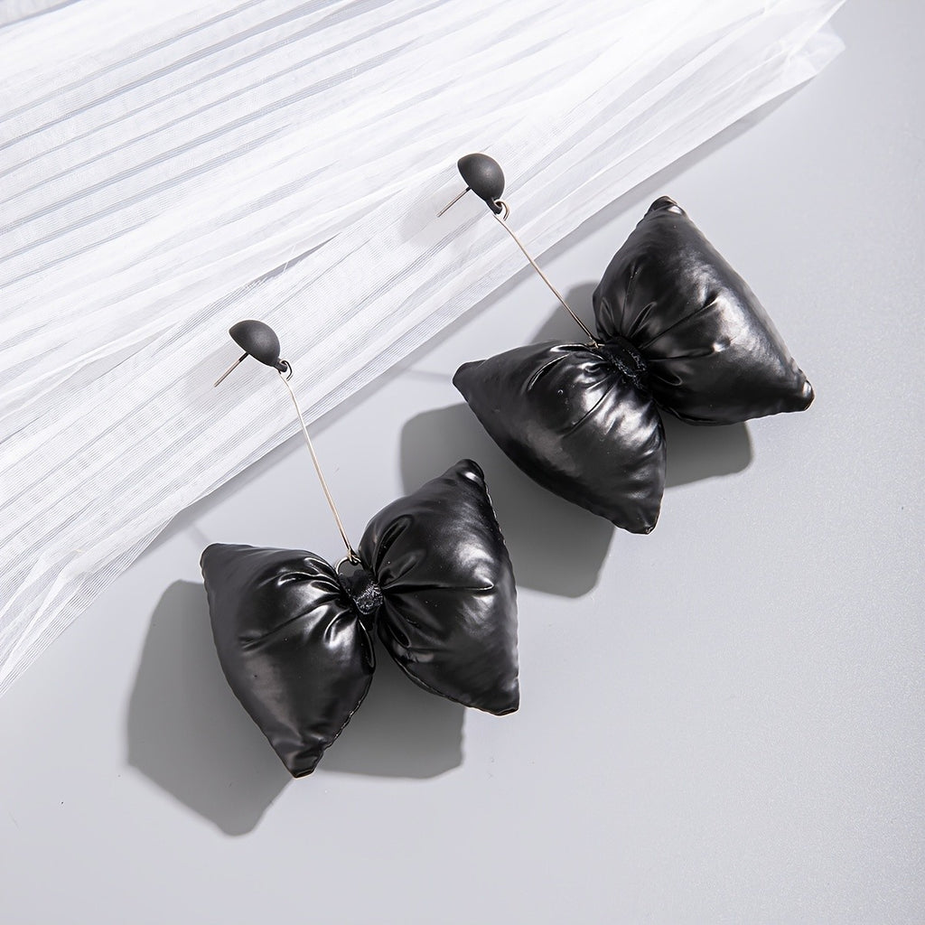 Black Padded Bow Drop Earrings