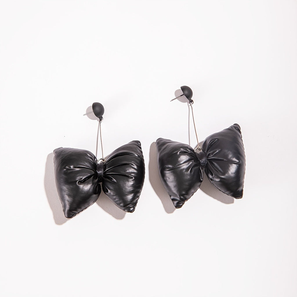 Black Padded Bow Drop Earrings