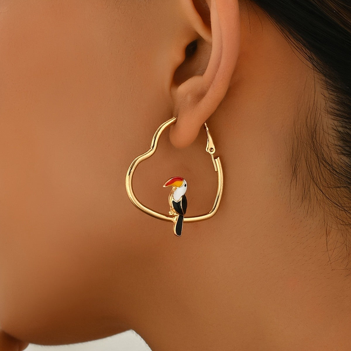 Vintage Toucan Heart Hoop Earrings